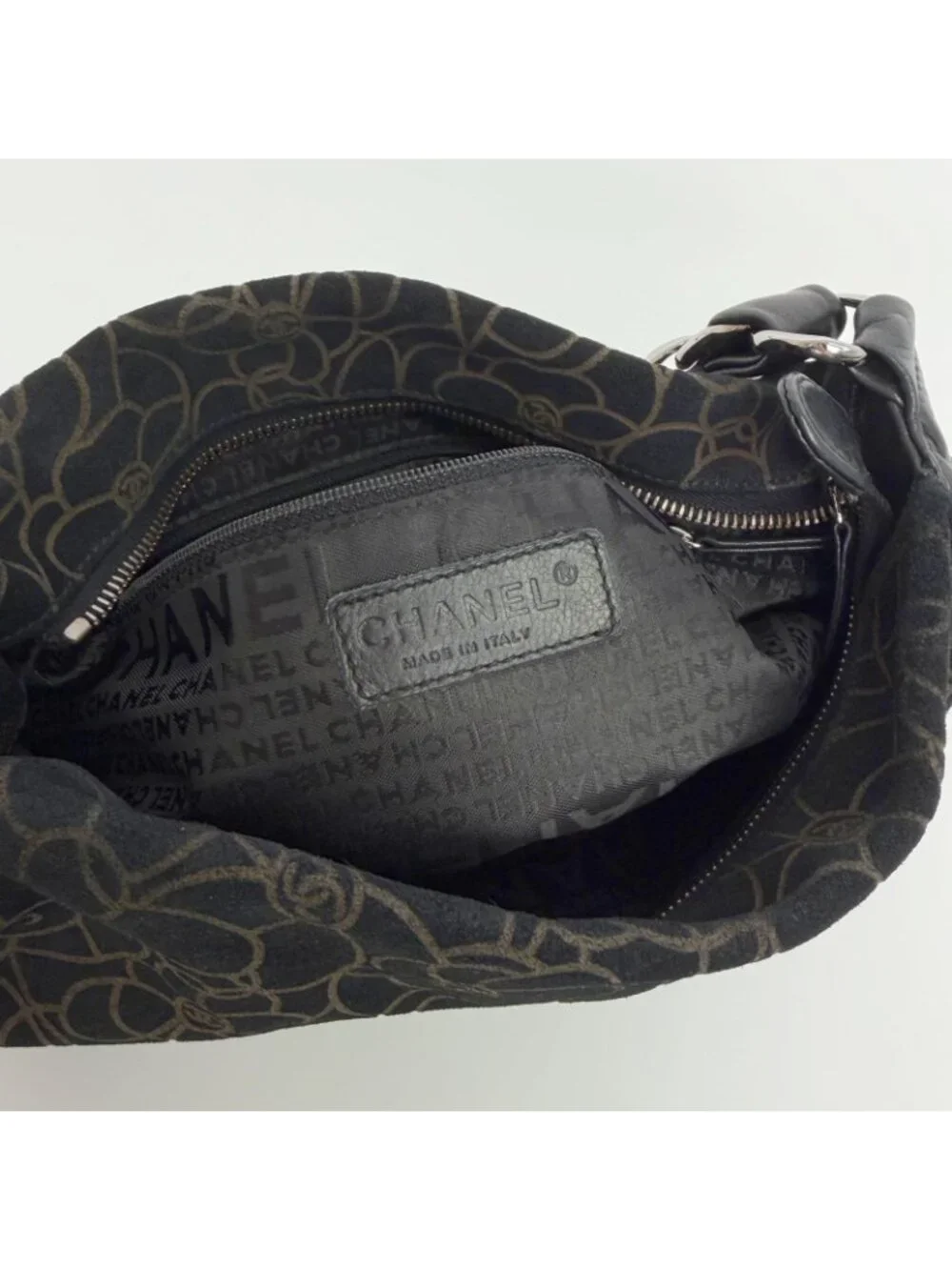 Chanel Camellia Print CC Logo Chain Shoulder Bag Suede Leather Black Silver